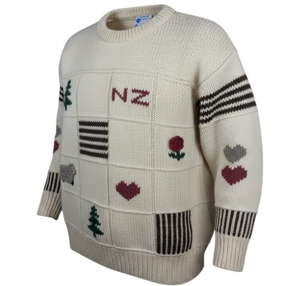 Snowy Peak New Zealand Wool Sweater Cream Sheep Rose Vintage Eclectic Grandpa